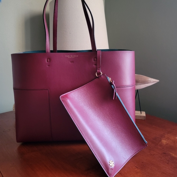 Tory Burch Block-T Tall Tote Cranberry Burgundy Unlined Leather With Zip Pouch - Picture 1 of 16